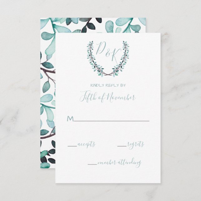 Watercolor Laurel Leave Monogram Wedding RSVP Card (Front/Back)