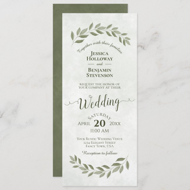 Watercolor Laurel Leaves Sage Green Wedding Invitation (Front/Back)