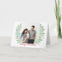 Watercolor Laurel Wreath Merry Christmas Photo