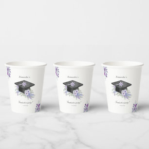 Watercolor Lavander Purple Floral Graduation Paper Cups