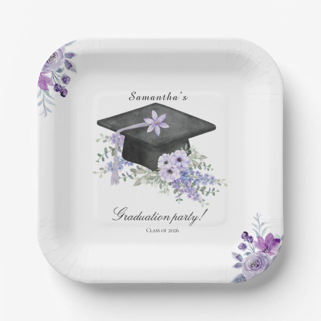 Watercolor  Lavander Purple Floral Graduation  Paper Plate (Front)