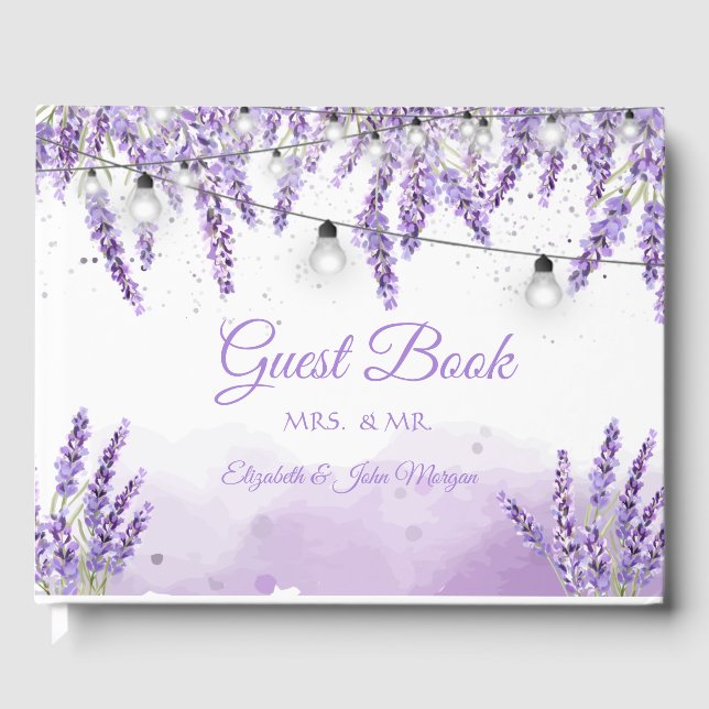 Watercolor Lavander String Lights Guest Book (Front)
