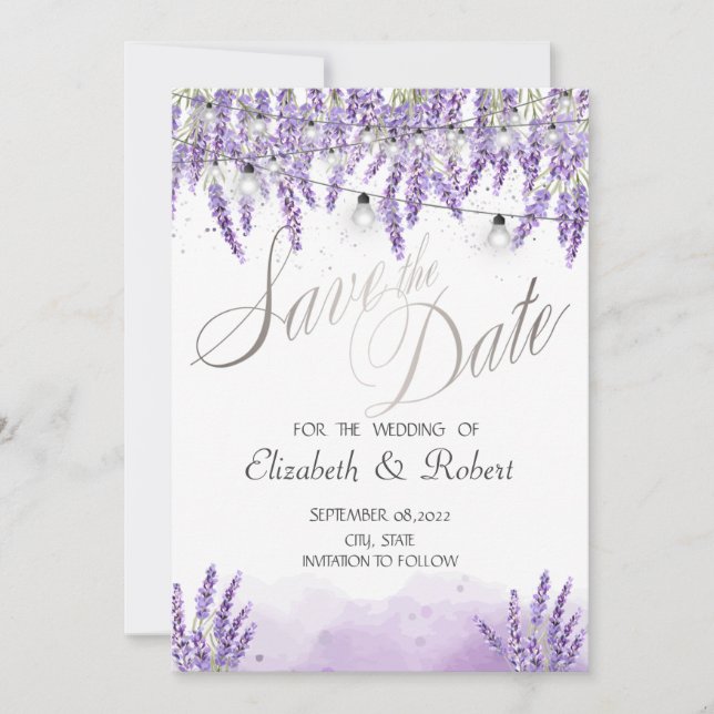 Watercolor Lavander String Lights Save The Date (Front)