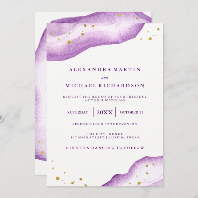 Watercolor Lavender and Gold Geode Wedding II Invitation (Front/Back)