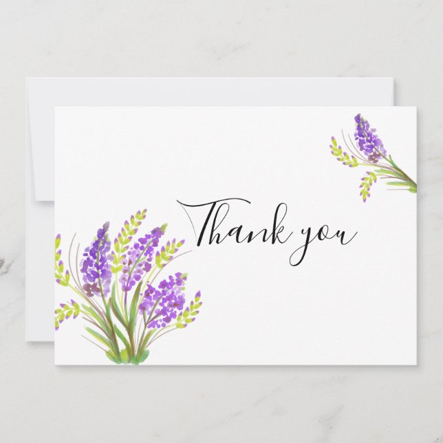 Watercolor Lavender and Green Florals Thank You Card (Front)