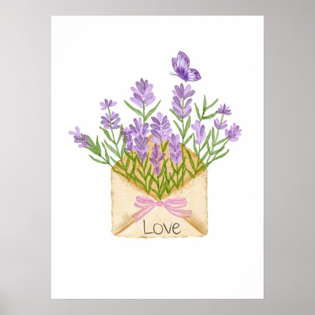 Watercolor Lavender Bouquet in Envelope Poster (Front)