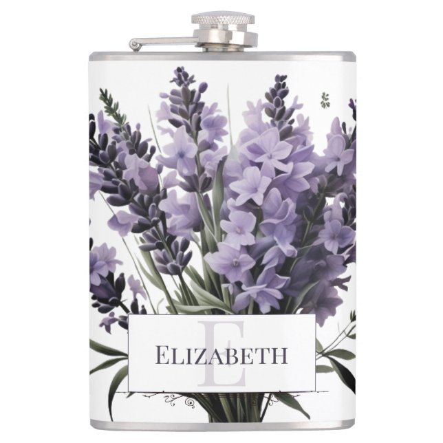Watercolor Lavender Bouquet Personalised Hip Flask (Front)