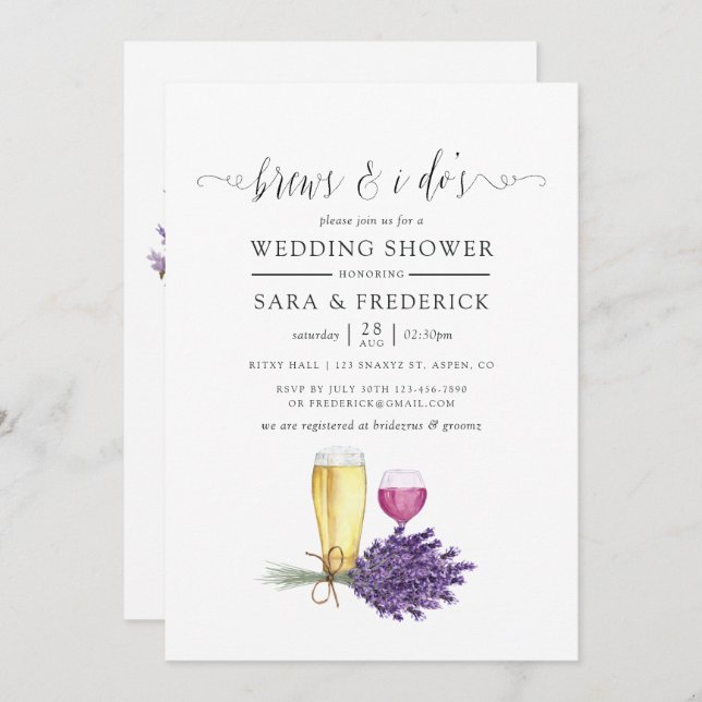 Watercolor Lavender Brews Before The I Do's Invitation (Front/Back)