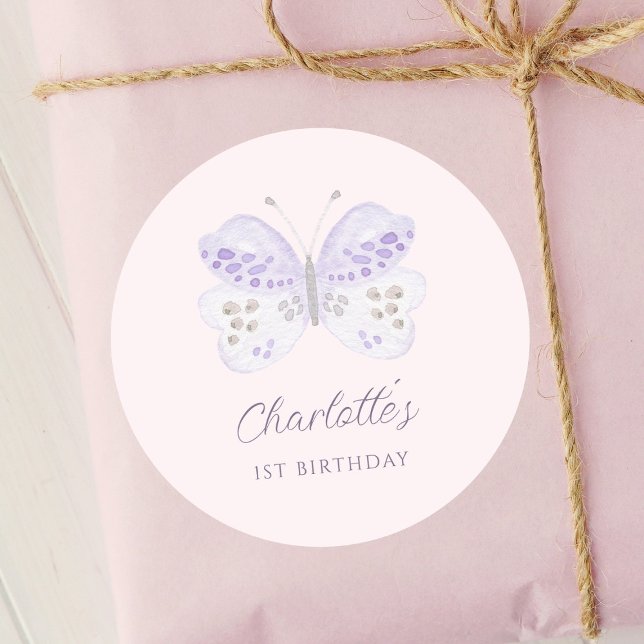 Watercolor Lavender Butterfly 1st Birthday Party Classic Round Sticker (Creator Uploaded)