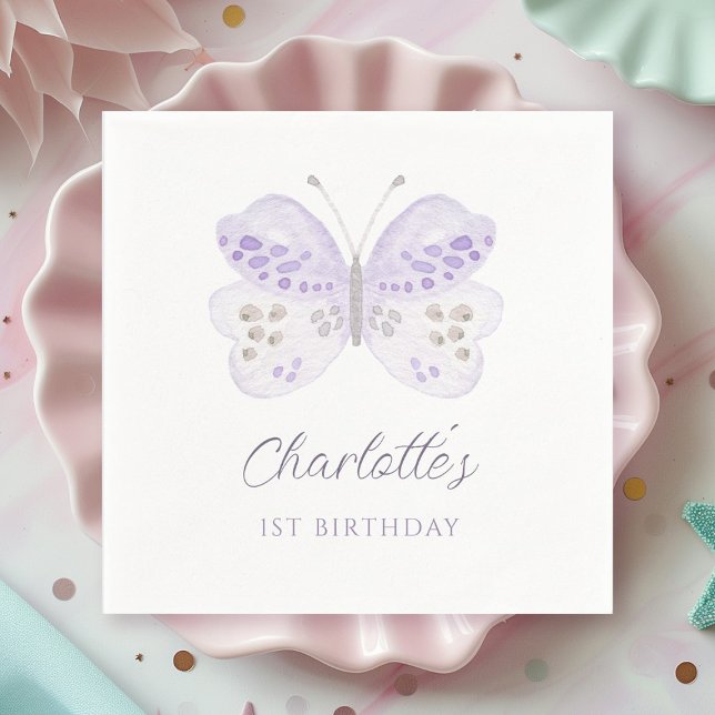 Watercolor Lavender Butterfly 1st Birthday Party Napkin (Creator Uploaded)