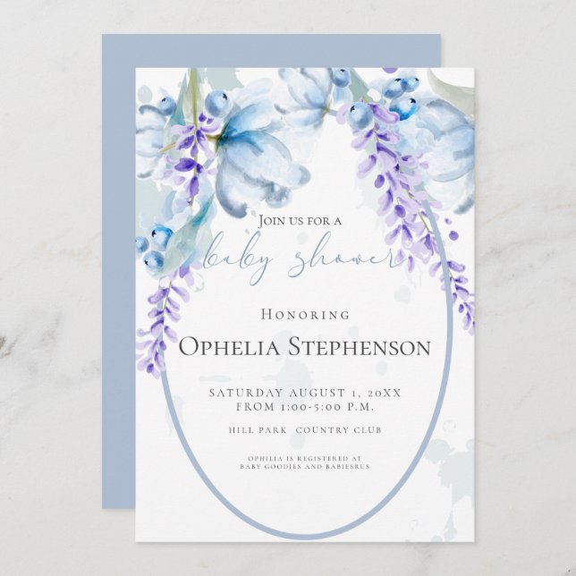 Watercolor Lavender -Dusty Blue Floral Baby Shower Invitation (Front/Back)