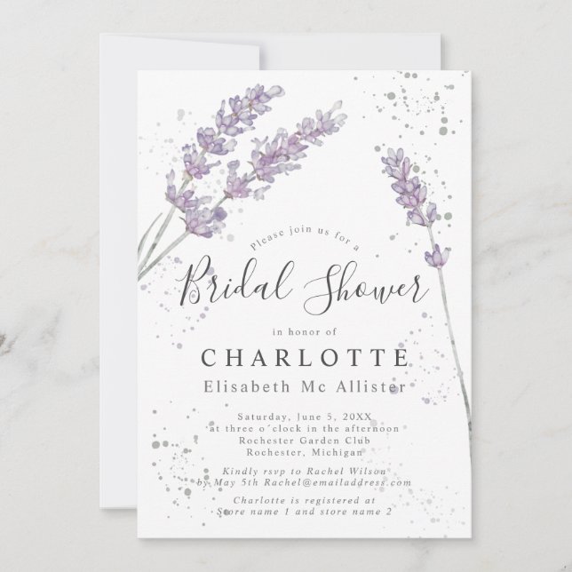 Watercolor lavender elegant bridal shower invitation (Front)