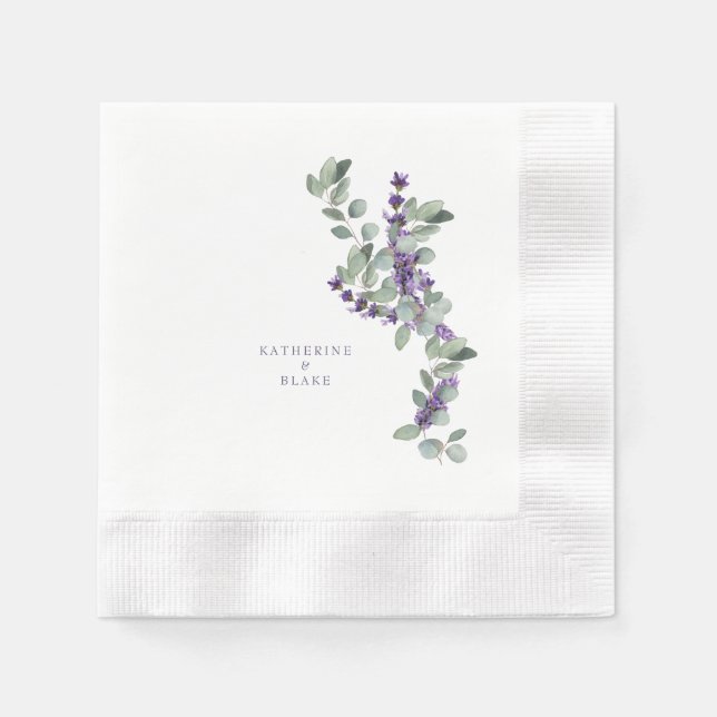 Watercolor Lavender & Eucalyptus Coined Wedding  Napkin (Front)