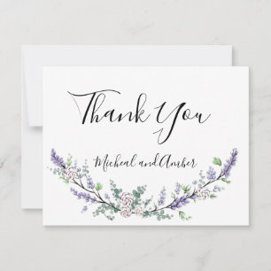 Watercolor Lavender Eucalyptus white roses  Thank You Card