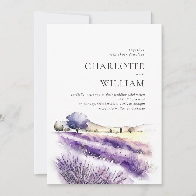 Watercolor Lavender Field Wedding All In One Invitation (Front)
