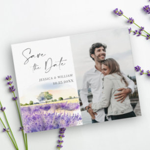 Watercolor Lavender Field Wedding Save the Date Postcard