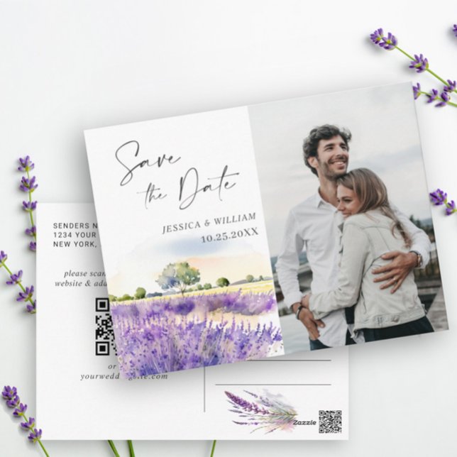 Watercolor Lavender Field Wedding Save the Date Postcard (Creator Uploaded)