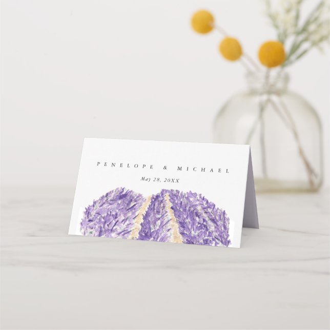 Watercolor Lavender Fields Wedding Folded Place Card (Back)
