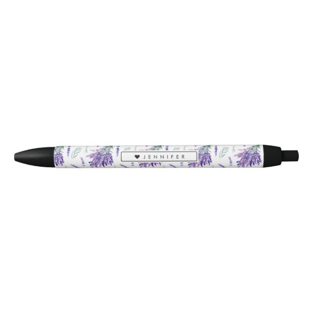 Watercolor Lavender Floral Bouquet Personalised Black Ink Pen (Front)