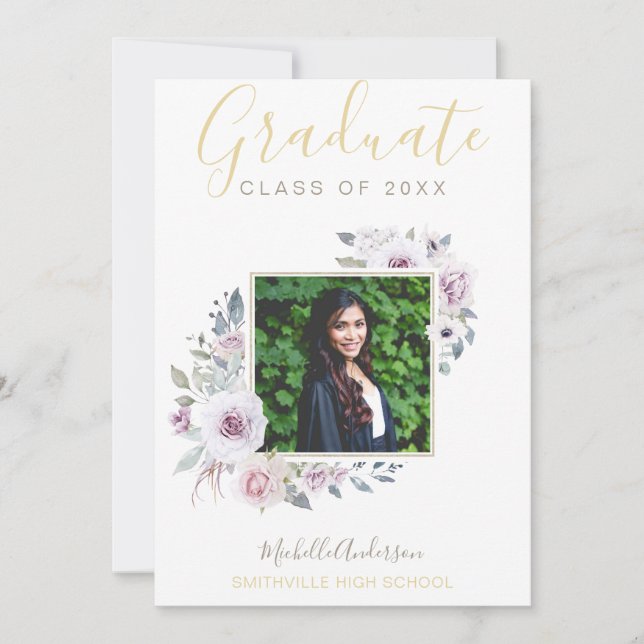Watercolor Lavender Floral Gold Photo Graduation Announcement (Front)