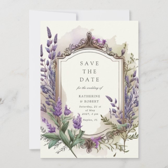 Watercolor Lavender Floral Regal Save the Date Invitation (Front)