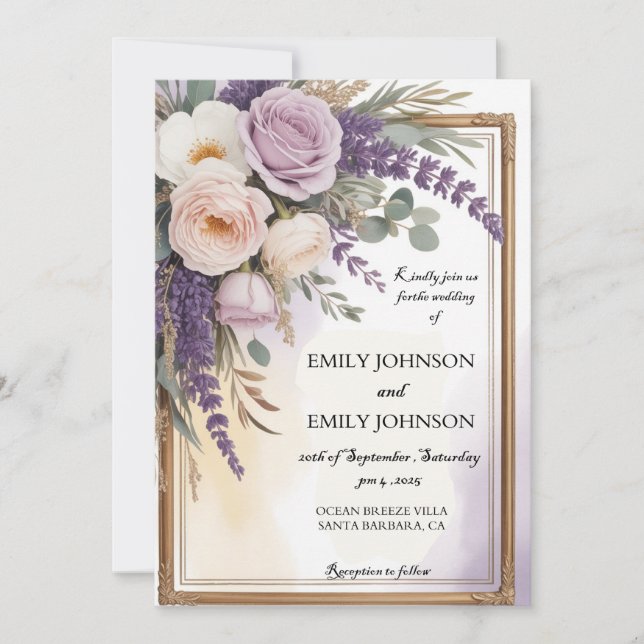 Watercolor Lavender Floral Regal Wedding Invitation (Front)