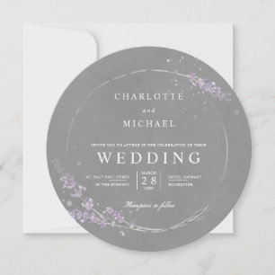 Watercolor lavender floral wreath round wedding invitation
