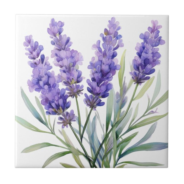 Watercolor Lavender Flowers Ceramic Tile (Front)