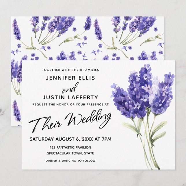 Watercolor Lavender Flowers, Elegant Wedding Invitation (Front/Back)