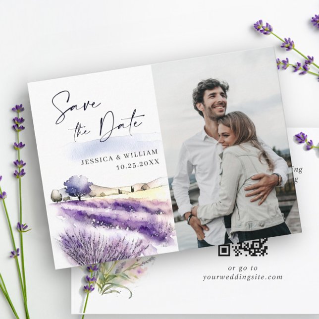 Watercolor Lavender Flowers Field Wedding Photo  Save The Date (Creator Uploaded)