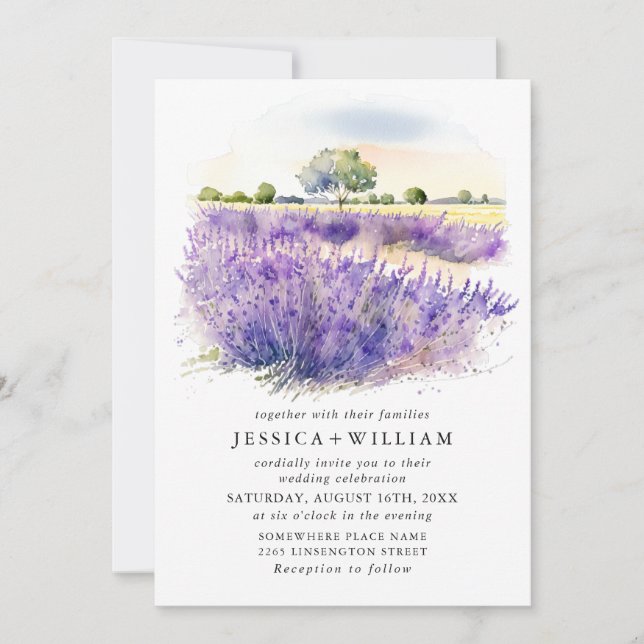Watercolor Lavender Flowers Field Wedding QR code Invitation (Front)
