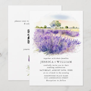 Watercolor Lavender Flowers Field Wedding QR code Invitation