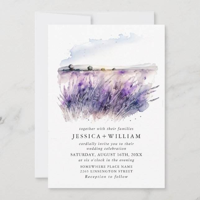 Watercolor Lavender Flowers Field Wedding QR code Invitation (Front)