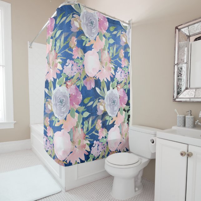 Watercolor Lavender Flowers on Dark Blue Shower Curtain (In Situ)