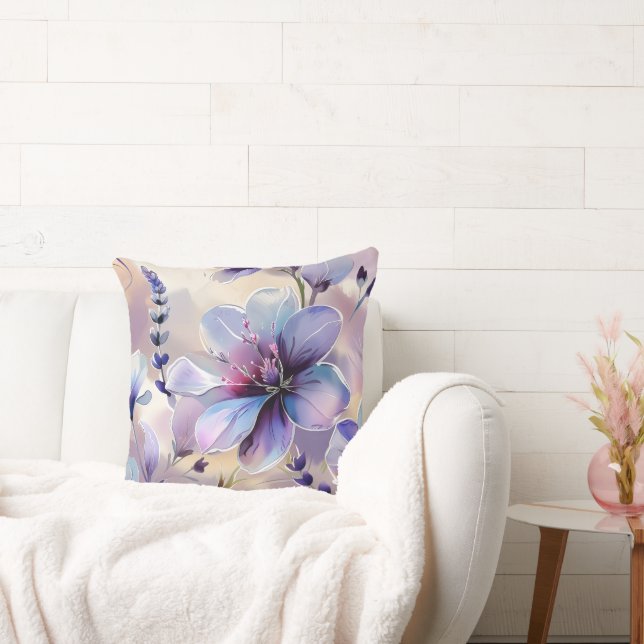 Watercolor Lavender Flowers Pattern Throw Pillow (Couch)