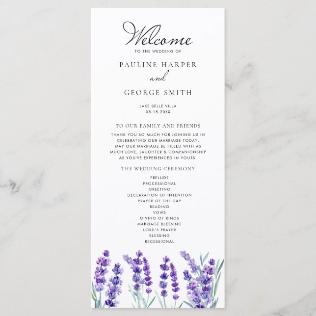 Watercolor Lavender Flowers Spring Wedding Program (Front)