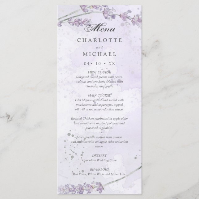 Watercolor lavender flowers wedding menu (Front)