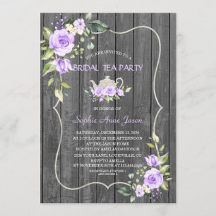 Watercolor Lavender Flowers Wood Bridal Tea Party Invitation