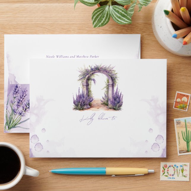 Watercolor Lavender Garden Wedding Envelope (Desk)