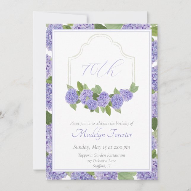Watercolor Lavender Hydrangea 70th Birthday Invitation (Front)
