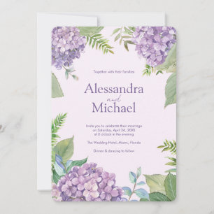 Watercolor Lavender Hydrangea Fern Leaves Wedding Invitation