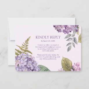Watercolor Lavender Hydrangea Fern LeavesWedding RSVP Card