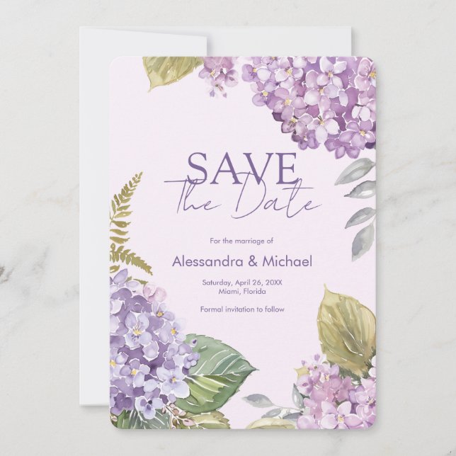 Watercolor Lavender Hydrangea Save The Date Invitation (Front)
