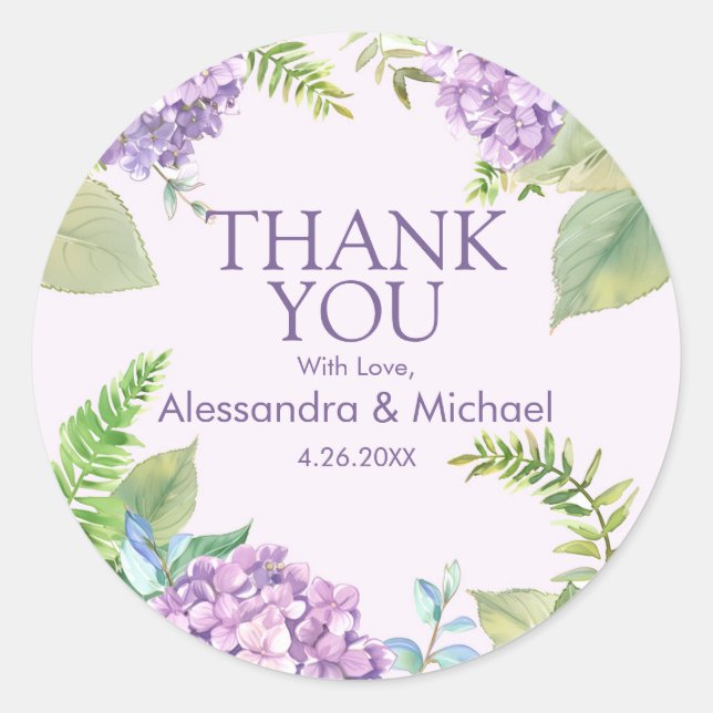 Watercolor Lavender Hydrangea Wedding Thank You Classic Round Sticker (Front)