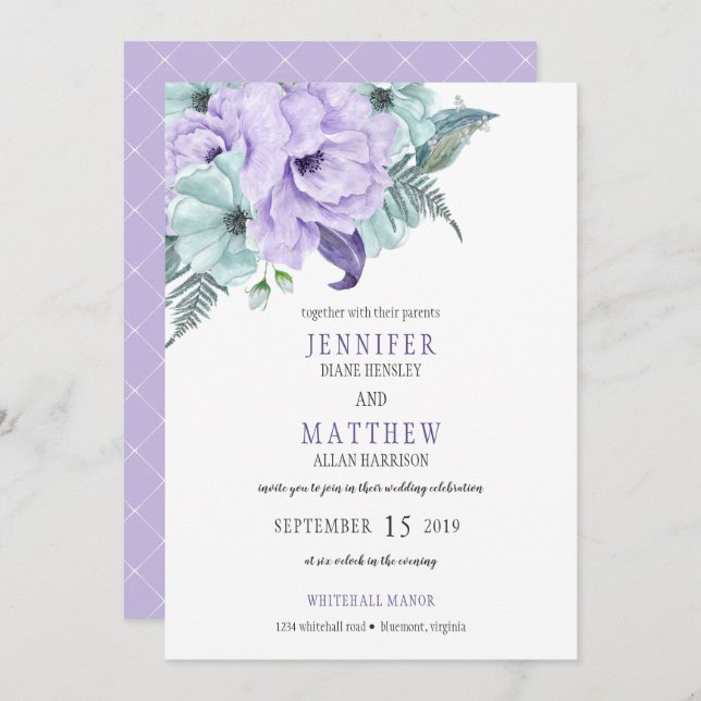 Watercolor Lavender Mint Purple Peonies Wedding Invitation (Front/Back)