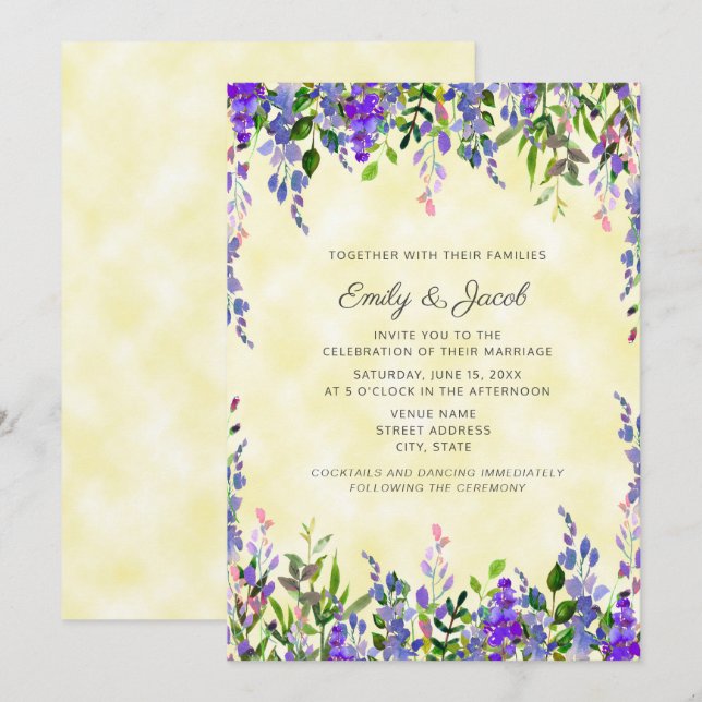 Watercolor Lavender on Yellow Wedding Invite (Front/Back)