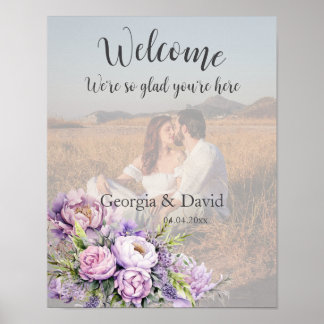 Watercolor Lavender Peony Wedding Welcome Photo Poster