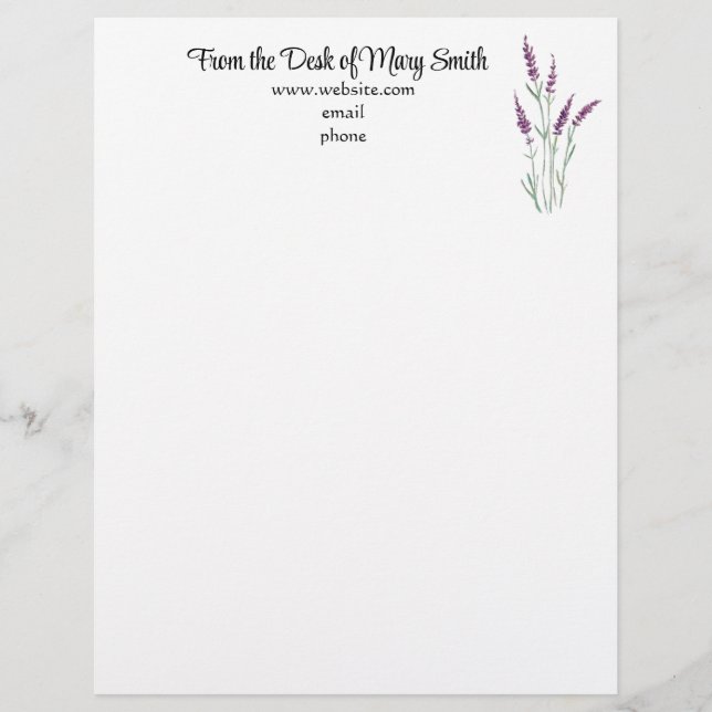 Watercolor Lavender Personalised Letterhead (Front)
