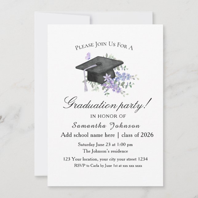 Watercolor Lavender  Purple Floral Graduation  Invitation (Front)