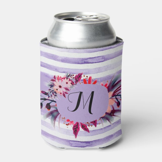Watercolor Lavender Purple Stripes Floral Frame Can Cooler (Can Front)